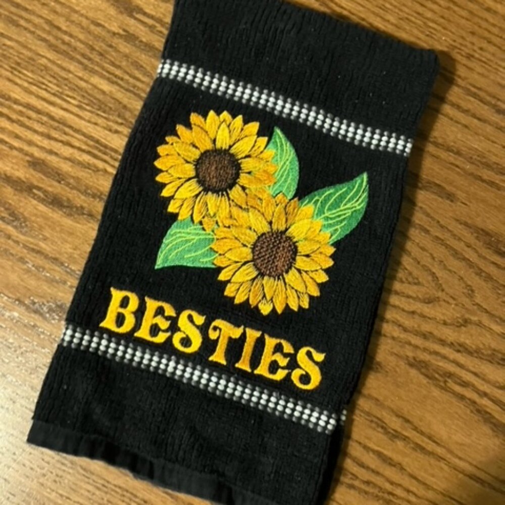 Black cotton kitchen towel with Gorgeous embroidery of sunflowers and BESTIES